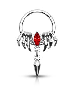 a piercing ring with wings and a red stone in the middle, on a white background