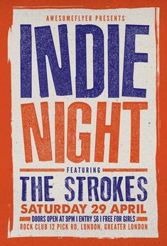 an orange and blue poster with the words indigo night on it's back side