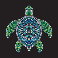 a sea turtle made up of many different colors and shapes on a black background with dots