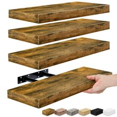 three wooden shelves are shown with different colors and sizes to match the wood flooring