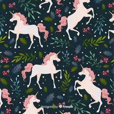 unicorns with flowers and leaves on a dark background for wallpaper or wrapping paper