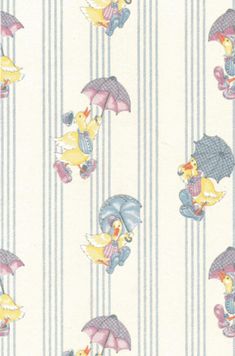 an image of a wallpaper pattern with cartoon characters holding umbrellas and riding bikes