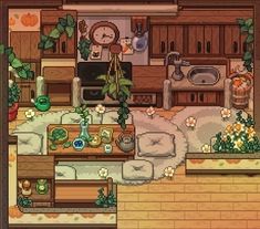 an overhead view of a kitchen and living room in a house with plants on the floor