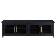 the black and gold sideboard has three shelves on each side, one with glass doors