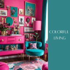 a living room filled with furniture and pictures on the wall, along with pink walls