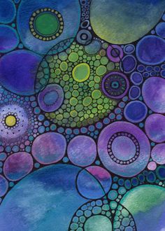 an abstract painting with circles and dots in blue, green, purple and yellow colors