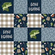 some fishing related items on a blue and white checkerboard background with words gone fishing, gone fishing