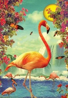 a pink flamingo standing in the water surrounded by flowers and butterflies, with a waterfall in the background