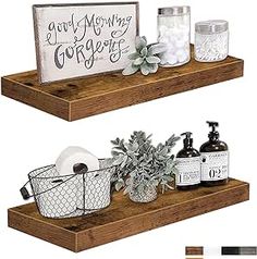 two wooden shelves with bathroom items on them