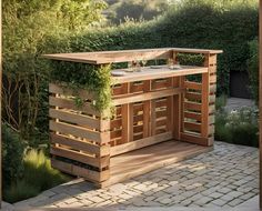 an outdoor bar made out of wooden pallets with plants growing on the outside wall