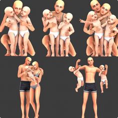 multiple images of a man and woman holding their babies