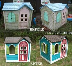 the before and after pictures of a dog house made out of cardboard boxes with windows, doors, and shingles