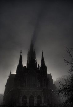 an old gothic church in the fog