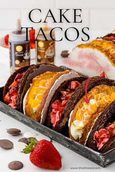 cake tacos with strawberries and chocolate chips on the side