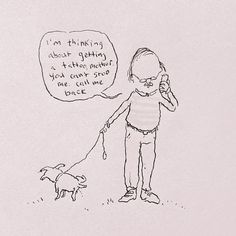 a drawing of a person talking on a cell phone with a dog walking behind them