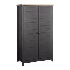 an armoire with two doors and drawers on the front, in dark grey wood