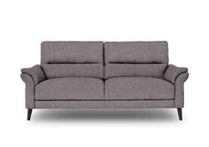 a gray couch sitting on top of a white floor