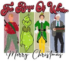 three men dressed in christmas costumes with the words merry christmas written below them on a white background