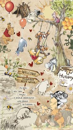 winnie the pooh wallpaper with many different animals and balloons on it's side