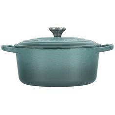 a green casserole with a lid and handle on the side, sitting in front of a white background