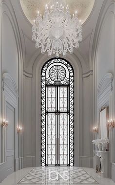 an ornate entryway with chandelier and marble flooring is featured in this rendering