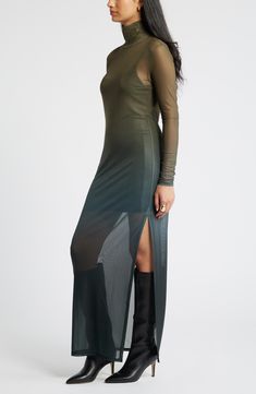 A slip lining gives coverage to this sheer mesh maxi dress that has an ombré pattern giving it a cool color-changing effect. Slips on over head Mock neck Long sleeves Slip lining 95% polyester, 5% spandex Machine wash, tumble dry Imported Long Sleeve Mesh Dress, Ombre Dress, Mesh Maxi Dress, Green Maxi, Maxi Jersey Dress, Pleated Maxi Dress, Pleated Maxi, Khaki Dress, Maxi Dress Green