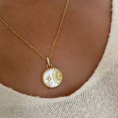 "\"You are my Sun, my Moon and all of my Stars\" 18ct Gold Plated Sterling Silver. ♥ 925 Sterling silver ♥ 18k Gold plating ♥ Mother of Pearl ♥ Tarnish Free and Waterproof ♥ Pendant 2cm  ♥ Chain length 49cm (extends to 54cm) We pride ourselves in selling beautiful and high quality jewellery. This necklace will NOT tarnish or go green and will last you a lifetime. You're getting waterproof, affordable and beautifully packaged jewellery from Fleura by Arabesques Jewels. Each necklace will be beautifully packaged in a Fleura gift box." Sun Moon And Star Jewelry, Gold Chain And Pendant, Pearl Gold Chain, Necklace Sun, Sun And Moon Necklace, Star And Moon Necklace, Chain And Pendant, Gold Chain With Pendant, Celestial Necklace