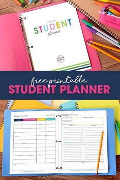 the free printable student planner with pencils and pens on top of it, next to an open notebook