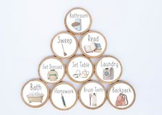 "If you have ever been at a loss for how to get help with the dishes or taking out the trash, fret no more. Your family will love these chore magnets as an extra incentive to learn new skills and help out around the house. These wood magnets are a great positive parenting tool that's so great, you may find yourself with little to do once they catch on. This listing comes with 30 wood magnets ( which measures 1-1/2\" wide x 1-1/2\" tall x 1/8\" thick ) with a printed sticker displayed with the ch Chore Velcro Chart, Children Chore Chart, Chore Magnets, Taking Out The Trash, Magnetic Chore Chart, Toddler Routine, Wood Magnets, Child Behavior Chart, Chore Charts