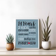 "This personalized Anniversary print is a wonderful way to celebrate 14 years of marriage. Included are the couples names, anniversary date and special details like the number of kids, pets, addresses and states lived in, as well as calculations of time together! ► Link to more Anniversary styles: https://www.etsy.com/shop/wanderingfables?section_id=14810251 ► Link to a 14th Anniversary blanket: https://www.etsy.com/listing/1596081209/14th-anniversary-blanket-for-him-gifts Scroll down for information on our different product types and the ordering process. (Please note that frames shown in the example photos are not included) * HOW TO PERSONALIZE * Type your info into the personalization box, or send us an Etsy message. Below is the information we will need: Any color changes: Names: Anniv Archival Photography, Anniversary Wishes For Husband, Gifts For Husbands, Anniversary Blanket, 14th Wedding Anniversary, Wishes For Husband, 14th Anniversary, Anniversary Art, Anniversary Dates