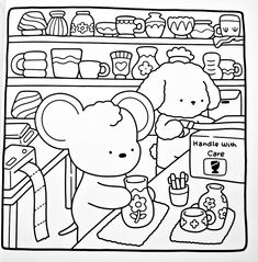 a black and white drawing of a teddy bear in a store with other items on the shelves