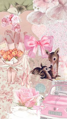 a collage of pink flowers, deer, and car with bows on the hood