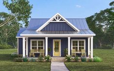 a small blue house with white trim on the front and side windows, covered by a metal roof