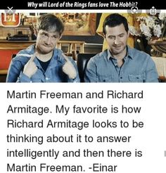 two men sitting next to each other in front of a computer screen with the caption, martin freeman and richard armitae my favorite is how richard armitage