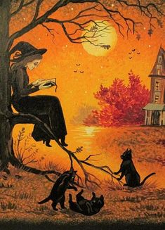 a painting of witches sitting on a tree branch