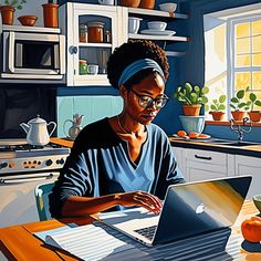 a painting of a woman sitting at a kitchen table working on a laptop computer,