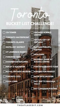 the toronto bucket list with text overlaying it