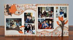 a family photo album is shown on a wooden table with leaves and branches in the background