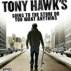 a man walking down a street holding a skateboard in his hand and the words tony hawk's going to the store do you want anything