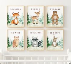 four woodland animals are featured in this nursery wall art printable, set of 4