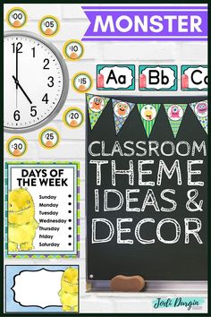 classroom theme ideas and decor for the monster in me book, including a blackboard