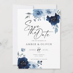 save the date card with blue flowers on it