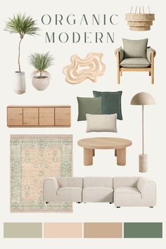 a living room filled with furniture and decor in shades of green, beige, and white