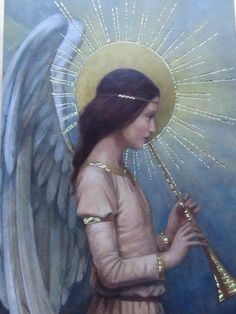 an angel holding a flute in its right hand