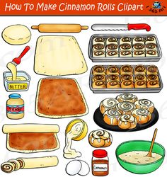 how to make cinnamon rolls clipart with baking supplies and doughnuts in the background