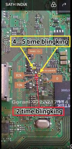 the circuit board with four different wires connected to it and two other parts labeled in red