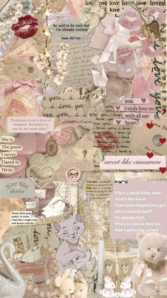 an altered collage with teddy bears and other things on the page, including hearts