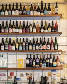 many bottles of wine are lined up on the wall