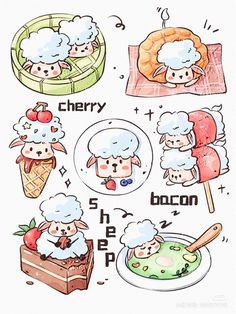 an image of sheeps eating food in different ways on a plate and the words cherry above them