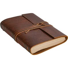 a brown leather book with a knot on the front and bottom cover is open to reveal an empty page